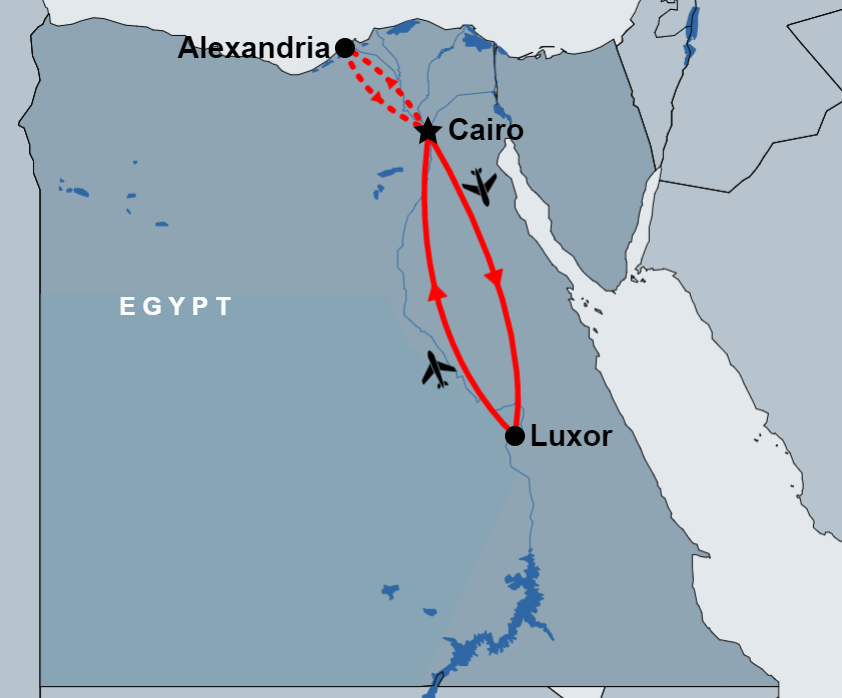 4 Day Cairo, Alexandria and Luxor Tour map 4 Day Cairo, Alexandria and Luxor Tour map